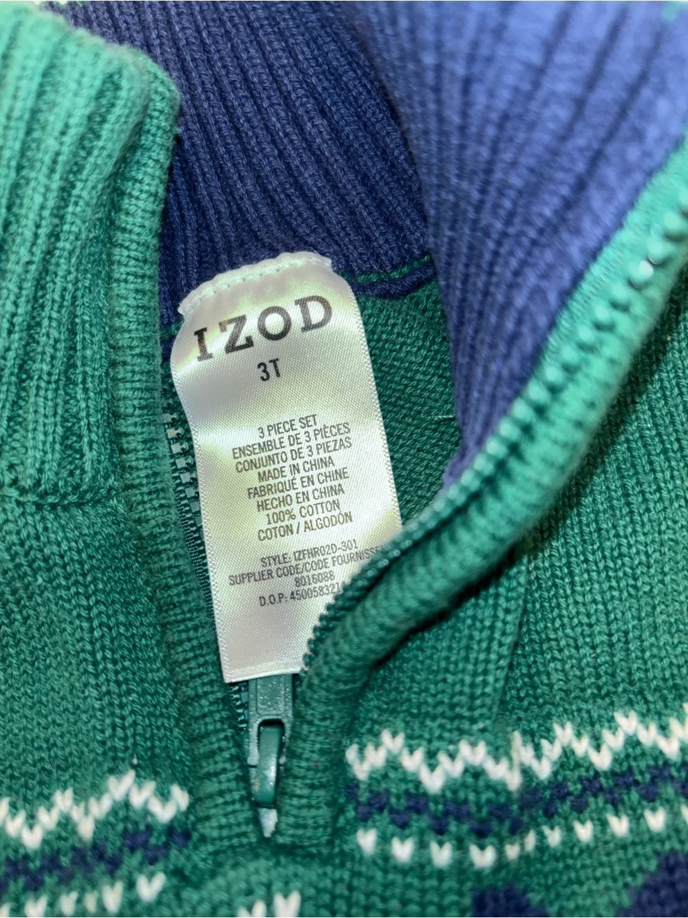 Izod Green Half-Zip Sweater with White and Navy Fair Isle